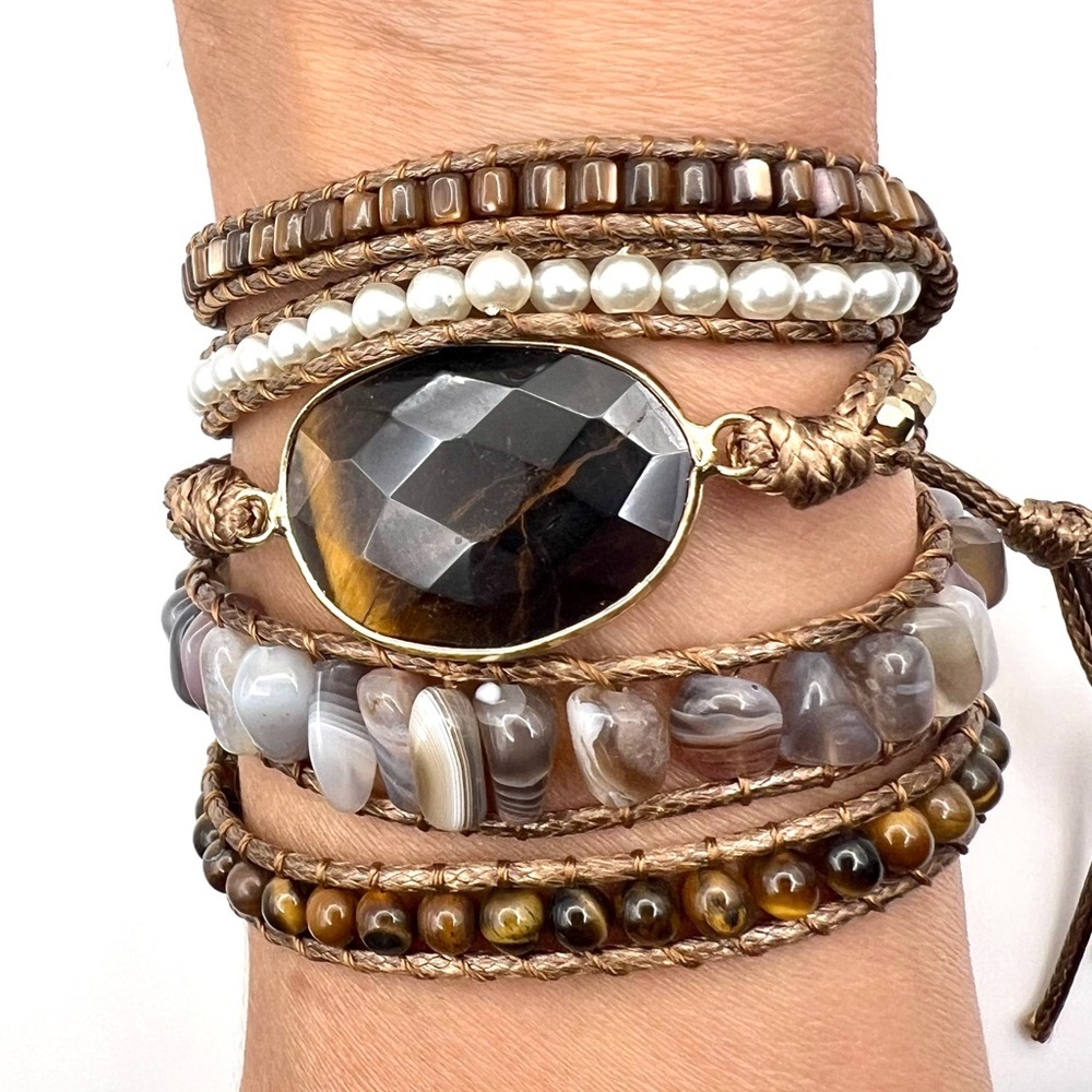 Tiger’s Eye + Botswana Agate Wrap Bracelet - Picture 3 of 5
